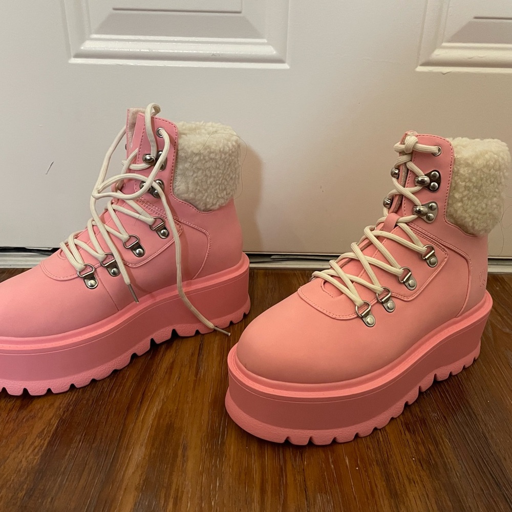 Dolls Kill Pink Combat Boots with Chunky Sole and Fuzzy Collar